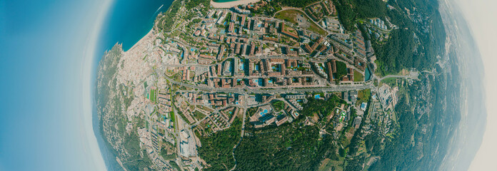 Lloret de Mar City on Mediterranean Sea in summer Spain. 360 vr Drone shot