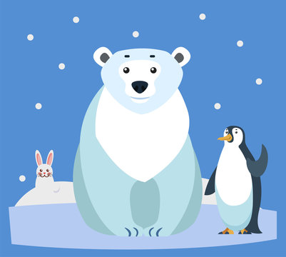 Hare and polar bear, penguin waving flippers. Animals of arctic regions. Bunny and bird sitting on ice floe. Snowfall and wildlife of north pole. Winter fauna and nature, vector in flat style