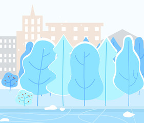 Snowy town or village with urban park. Trees covered by snow in lawn, wintertime landscape. Cityscape with buildings on background, beautiful scenery. Vector winter illustration in flat style