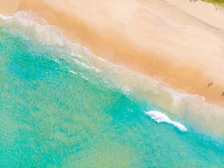 Fotobehang White sand beach turquoise sea wave aerial view copy space © themorningglory