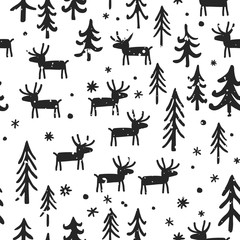 Vector Christmas seamless pattern with cartoon deer, trees, and snowflakes. White, and black palette. Scandinavian winter background.