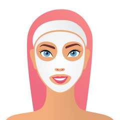 Woman with a cosmetic face mask. Smiling girl portrait. Vector illustration. Beauty Fashion Model Girl with Pink Hair. Colourful Hair. Colouring hair