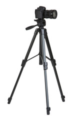 Camera on tripod isolated on white background