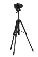Camera on tripod isolated on white background