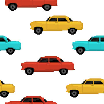 Pixel cartoon cars. Vector seamless pattern of pixel art cars. Perfect for fabric, wallpaper, wrapping paper, games and stationery projects.