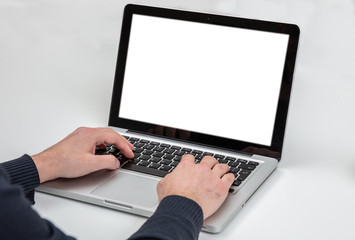 Laptop with white blank screen isolated against white background