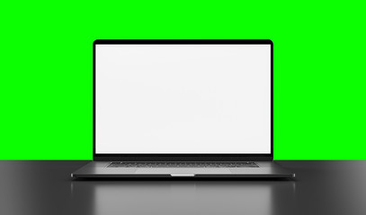 Laptop blank screen on glossy table isolated on green screen. Easy replace the background using color range tool or replace for any video editing purposes