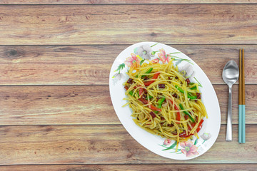 Authentic traditional China Sichuan Chinese home cooking : Stir-fried shredded potato with green red pepper. Vegetable dish, sour and spicy taste, potato crisp and delicious.