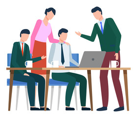 Business people working on project, brainstorming and thinking on issues. Isolated team of workers looking at laptop screen of colleague. Programmer consulting with coworkers vector in flat style