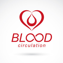 Vector red heart with blood circulation inscription. Medical theme vector graphic symbol.