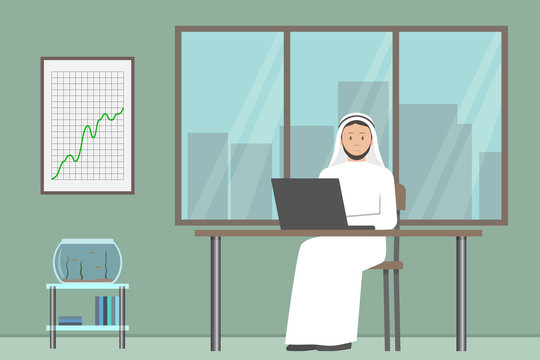 Arab boss in white kandura working in his office. Vector illustration.