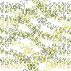 Floral seamless pattern with leaves and branches, vector green fabric background. Tangled stems, garden and forest nature life theme.