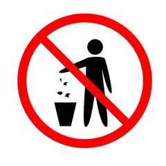 Do not litter sign. Silhouette person on white background in red circle. No throwing garbage mark. Take care of clean nature symbol. Flat vector image. Vector illustration