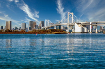 Fototapeta na wymiar Tokyo Bay and the Rainbow Bridge from Odaiba