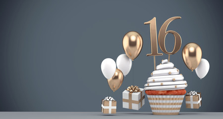 Number 16 gold birthday cupcake with balloons and gifts. 3D Render