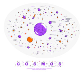 Fantastic planets in undiscovered galaxy with stars and other elements. Explore universe, breathtaking space science. Thin line 3d vector illustration isolated on white.