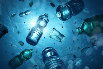 Problem plastic bottles and microplastics floating in the open ocean. Marine plastic pollution concept. 3D illustration - obrazy, fototapety, plakaty