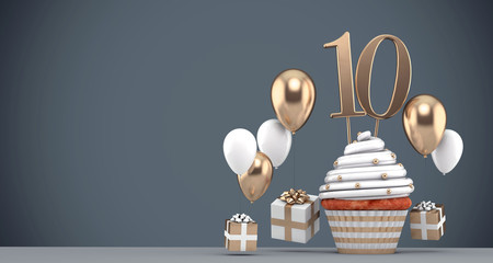 Number 10 gold birthday cupcake with balloons and gifts. 3D Render
