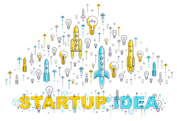 Startup rockets take off, space rockets flying start up business concept, vector illustration.