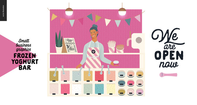 Frozen yoghurt bar - small business graphics - shop owner and range -modern flat vector concept illustrations - young woman wearing striped apron and set of ice cream, frozen yoghurt selection