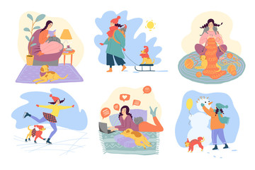 Set of everyday leisure and winter activities performing by young woman. Adorable girl reading, walking, kniting, skating, chating, spending time with dog and cat