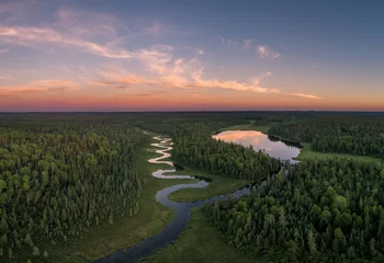 Foto op Plexiglas An aerial view of a winding Clearwater Creek in Northwest Ontario, Canada. © Gordon Pusnik