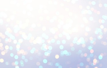 Bokeh ligts pattern on subtle blue lilac background. Winter glitter blurred texture. Sparkling pastel backdrop. Holidays abstract illustration. New Year style.