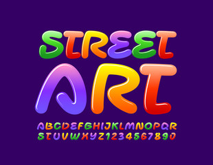 Vector bright Banner Street Art.  Glossy Playful Font. Colorful Alphabet Letters and Numbers.
