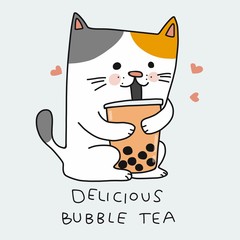 Cat drink bubble tea cartoon vector illustration doodle style