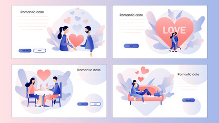 Fototapeta premium Loving couple. Romantic date concept. Characters Valentine day set. Screen template for mobile smart phone, landing page, template, ui,web, mobile app, poster, banner, flyer. Modern flat cartoon style
