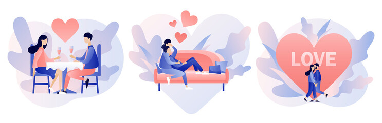 Loving couple spending time or relaxing together. Romantic date concept. Characters Valentine day set. Modern flat cartoon style. Vector illustration on white background