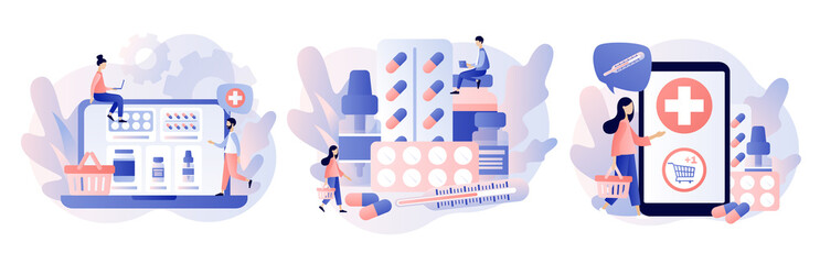 Online pharmacy store concept. Buy medicaments and drugs online. Tiny people Pharmacists in Drugstore near Medicine Pills and Bottles. Modern flat cartoon style.Vector illustration on white background