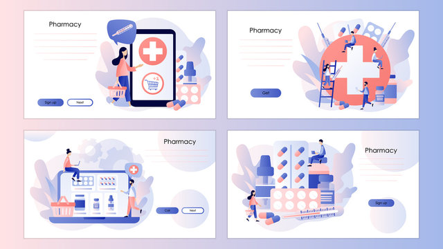 Online pharmacy store concept. Tiny people Pharmacists. Screen template for mobile smart phone, landing page, template, ui, web, mobile app, poster, banner, flyer. Modern flat cartoon style. Vector 