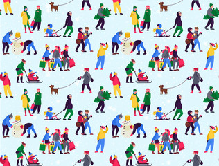 Fototapeta na wymiar Seamless Pattern with festive teenagers with shopping bags , adults with kids.