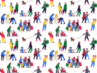 Fototapeta na wymiar Seamless Pattern with festive teenagers with shopping bags , adults with kids.