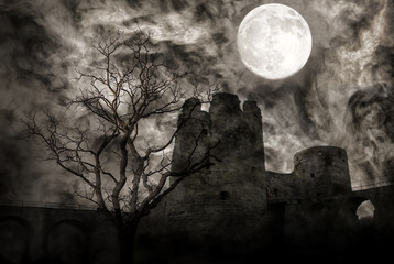 dark bare tree and old castle under full moon