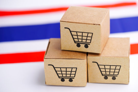 Box with shopping cart logo and Thailand flag : Import Export Shopping online or eCommerce finance delivery service store product shipping, trade, supplier concept..