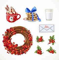 Set of Christmas objects cup with whipped cream, letter, Christmas wreath with red berries, milk and cookies isolated on white background