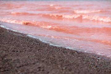 The pink waves of the lake splash on pebbles