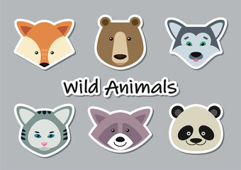 Stickers with cute animal muzzles. Wild animals portrait set with flat design. Vector illustration