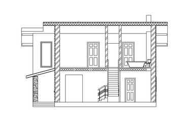 Architectural black and white background. Cross-section suburban house. Modern vector blueprint. Cad model.