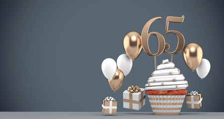 Number 65 gold birthday cupcake with balloons and gifts. 3D Render