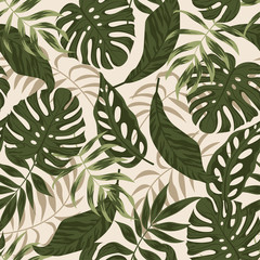 Original seamless pattern. Tropical leaves and plants on white background. Vector background for various surface. Illustration in Hawaiian style. Jungle leaves. Botanical pattern. Exotic wallpaper.