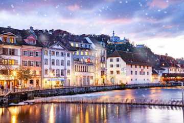 Naklejka premium beautiful historic city center of Lucerne with famous buildings and lake Lucerne (Vierwaldstattersee), Canton of Lucerne, Switzerland