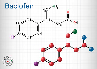 Baclofen molecule C10H12ClNO2, is a medication used to treat muscle spasticity. Structural chemical formula and molecule model. Sheet of paper in a cage