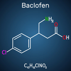 Fototapeta premium Baclofen molecule C10H12ClNO2, is a medication used to treat muscle spasticity. Structural chemical formula on the dark blue background