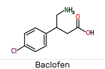 Baclofen molecule C10H12ClNO2, is a medication used to treat muscle spasticity. Structural chemical formula