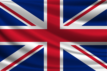 United Kingdom flag on cloth with soft waves background.