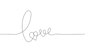 continuous line drawing of the word love on a white background. Vector horizontal stock illustration. Hand-drawn vector lettering with one black outline. Word love in lowercase letters