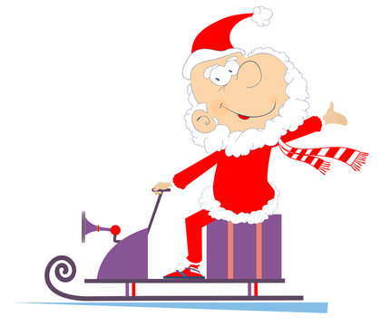 recommend clip art: Cheerful Santa Claus rides on snowmobile illustration. Cartoon smiling Santa Claus rides on snowmobile isolated on white
